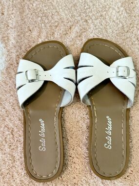 Salt Waters White Leather Slide Sandals for Kids